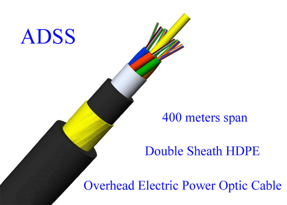 Kabel Lapis Baja Serat Optik ADSS G652D 48B1.3 11KN Span 400M 13.4mm 48 Core PE HDPE